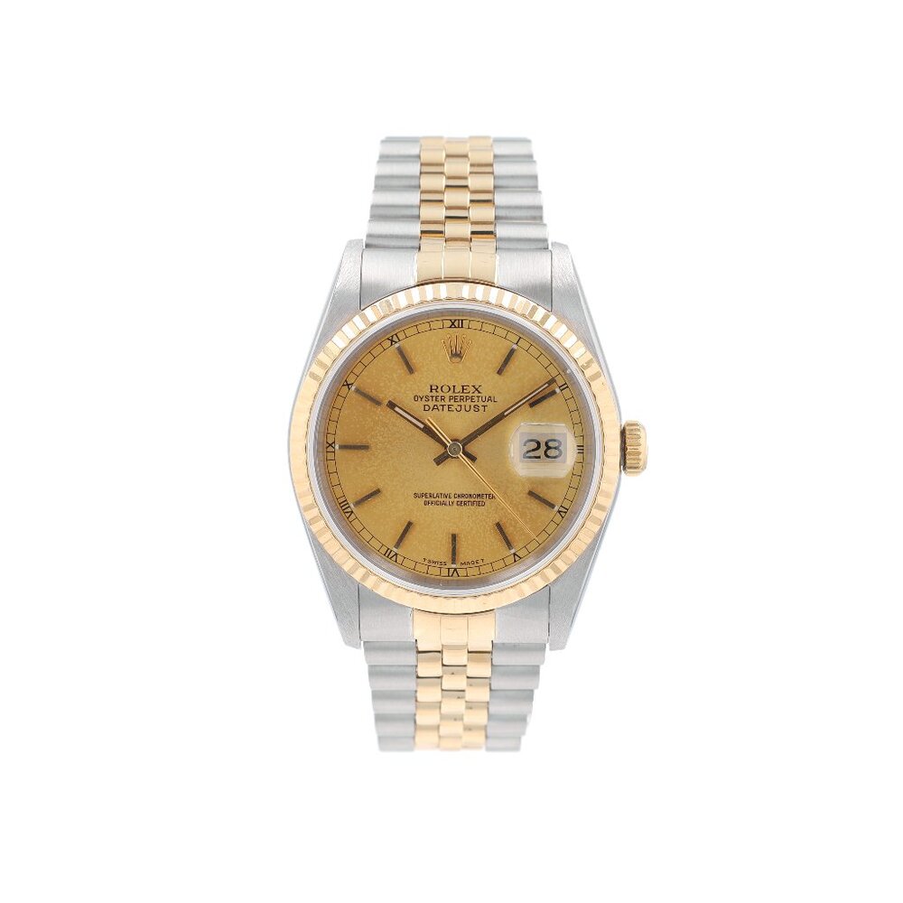 Rolex Datejust 16233 36mm Champagne Index Dial Fluted Bezel Jubilee Band